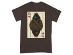 Brown t-shirt with Queen of Hearts dog playing card graphic.