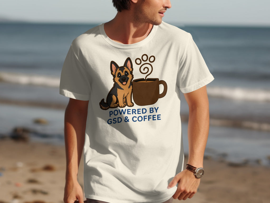 White t-shirt with German Shepherd and coffee cup graphic reading "Powered by GSD & Coffee."