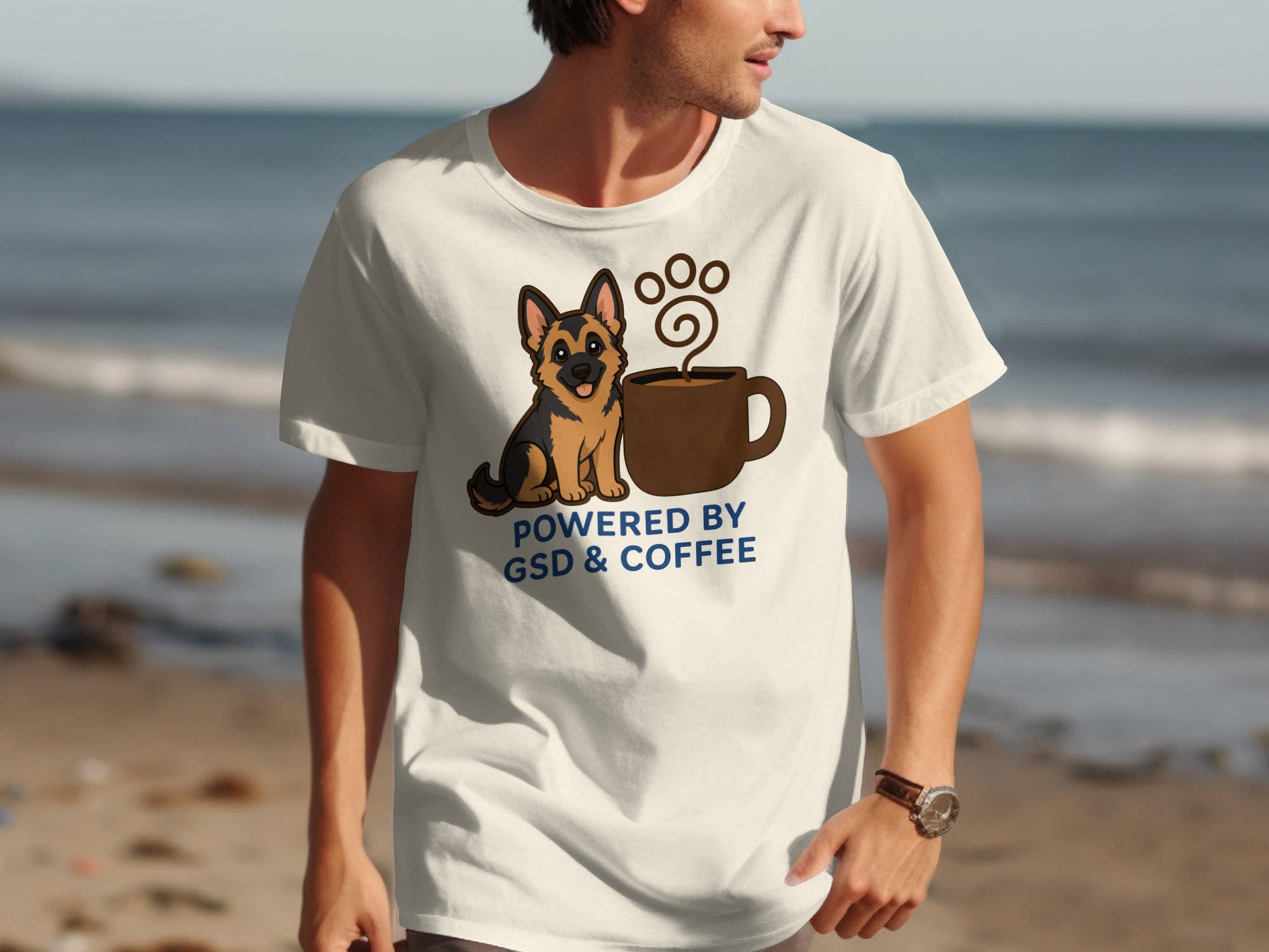 White t-shirt with German Shepherd and coffee cup graphic reading "Powered by GSD & Coffee."