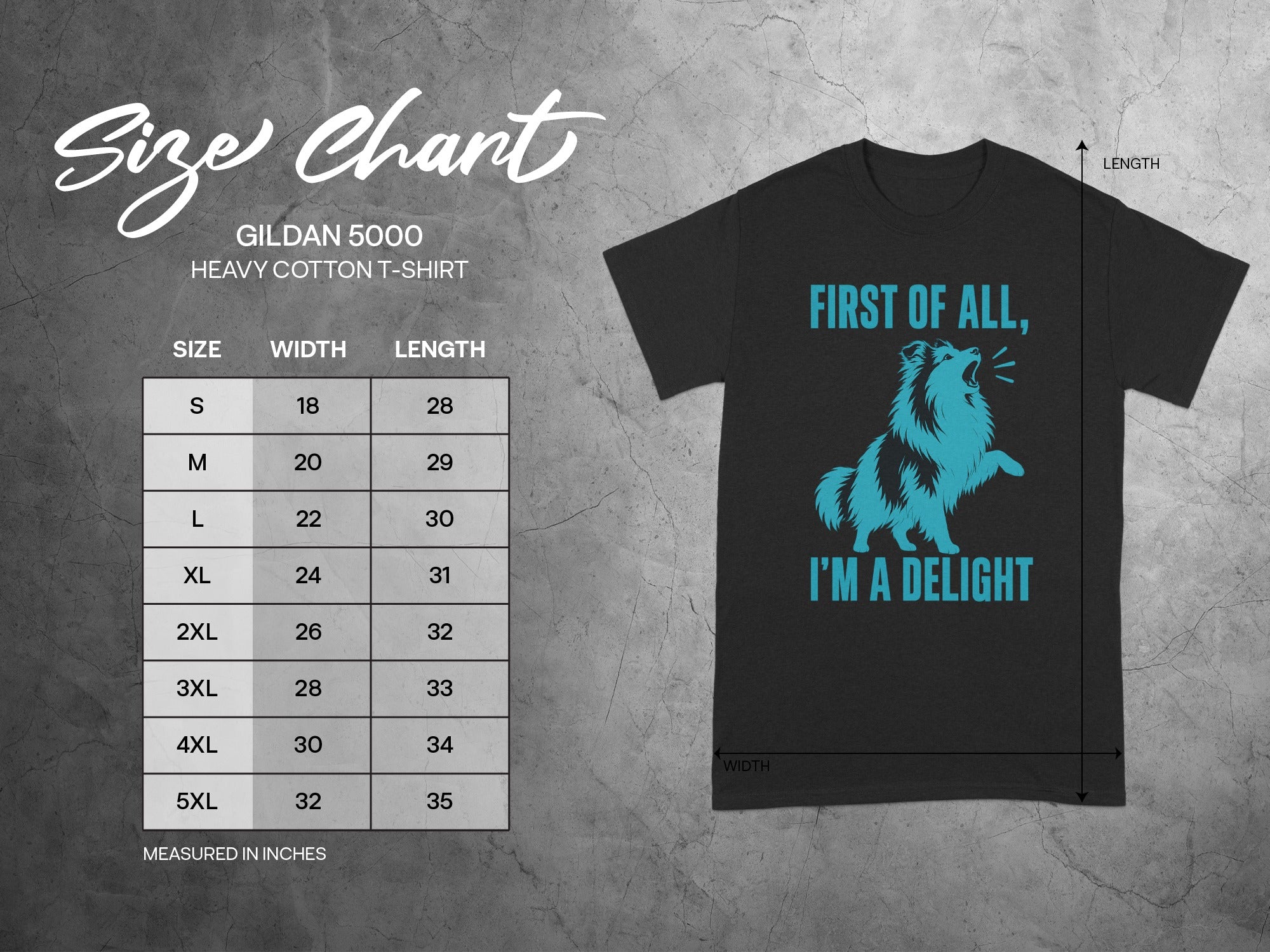 Gildan 5000 heavy cotton t-shirt size chart with width and length measurements in inches.
