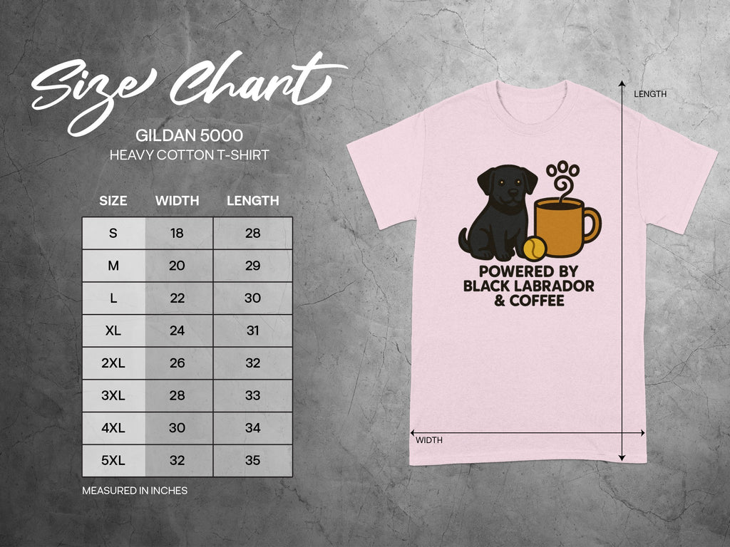 Gildan 5000 Heavy Cotton t-shirt size chart showing width and length measurements.