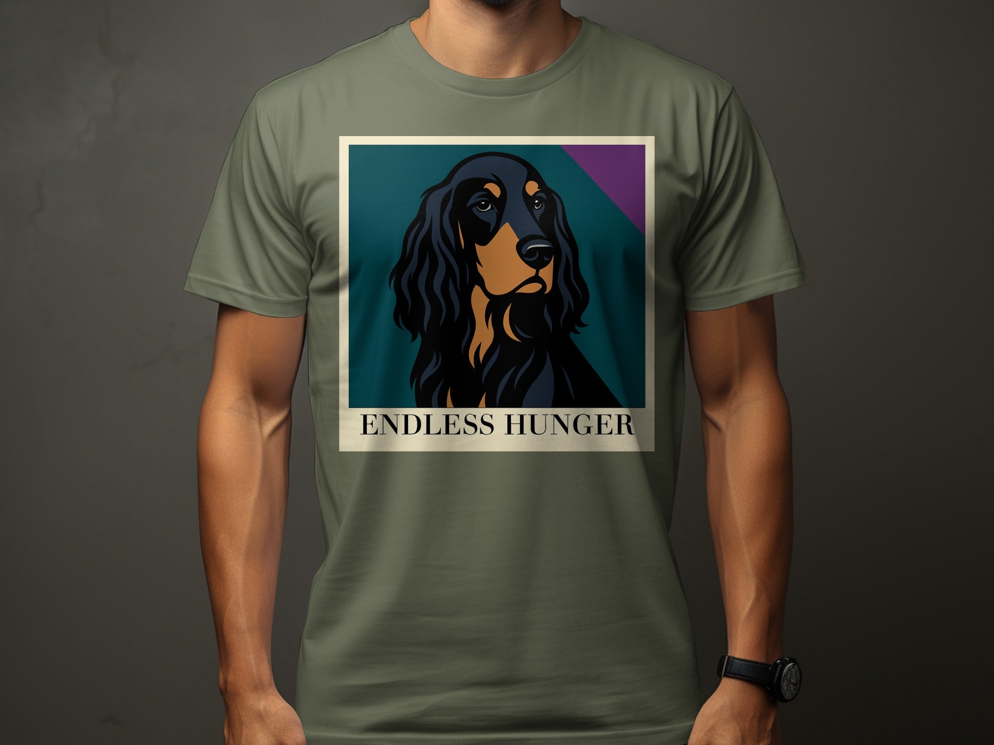 Gordon Setter dog portrait with text "ENDLESS HUNGER" on a green t-shirt.