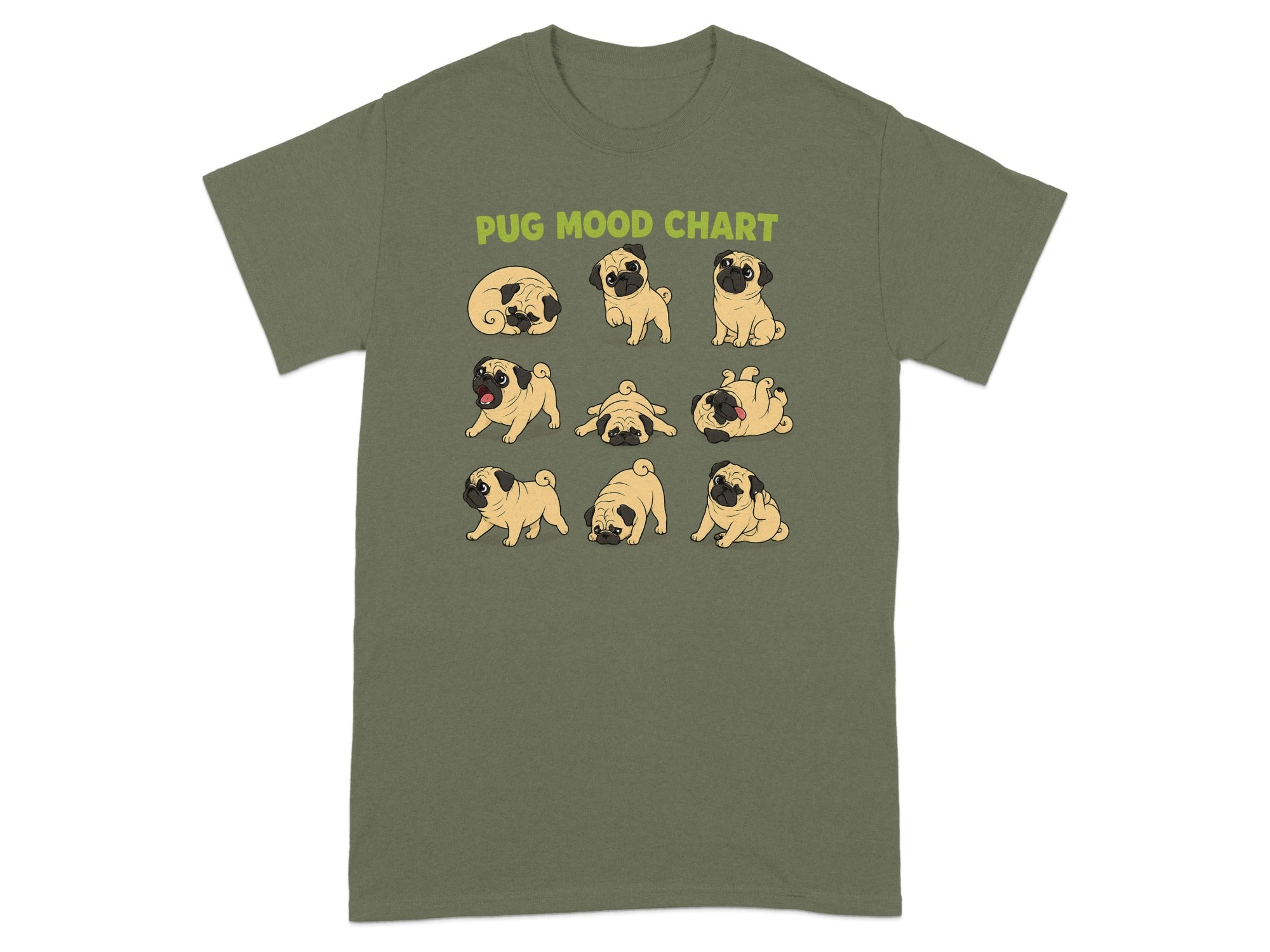 Green t-shirt with "Pug Mood Chart" and nine pugs in various poses.