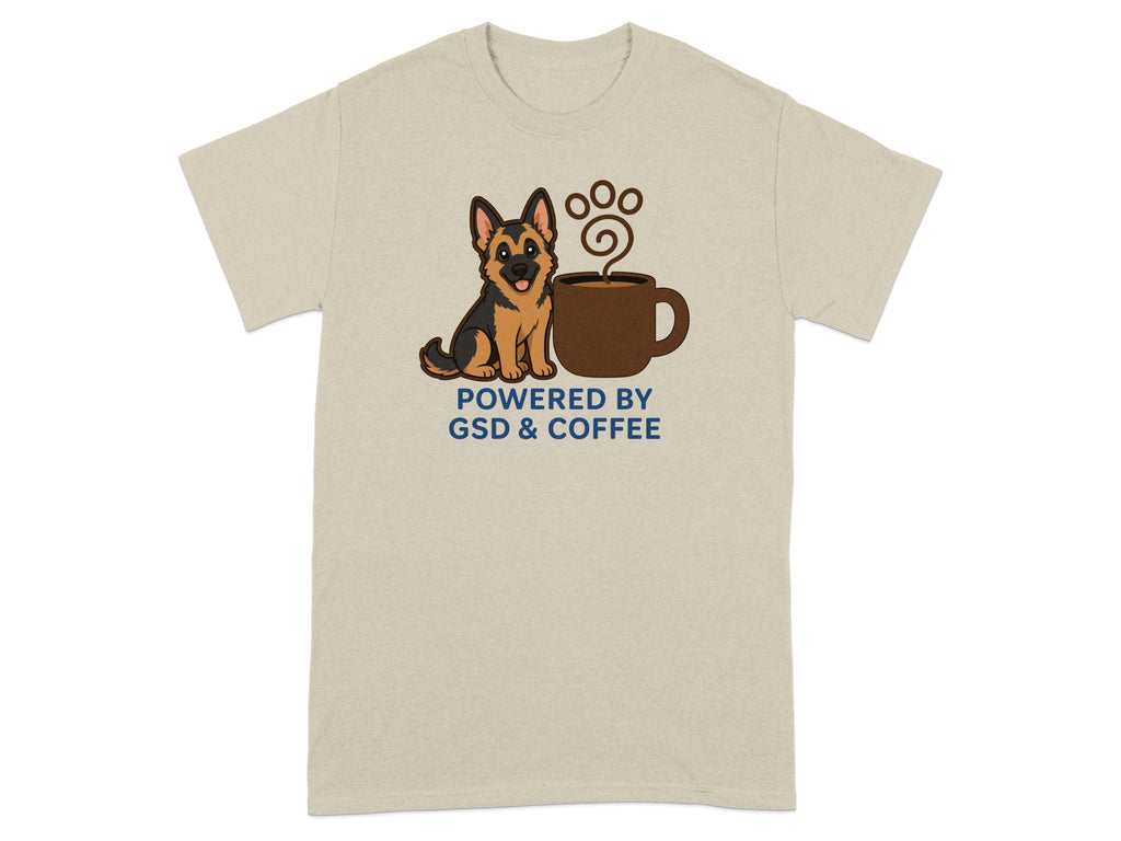 German Shepherd and coffee cup graphic with text "POWERED BY GSD & COFFEE".