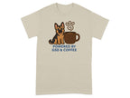 German Shepherd and coffee cup graphic with text "POWERED BY GSD & COFFEE".