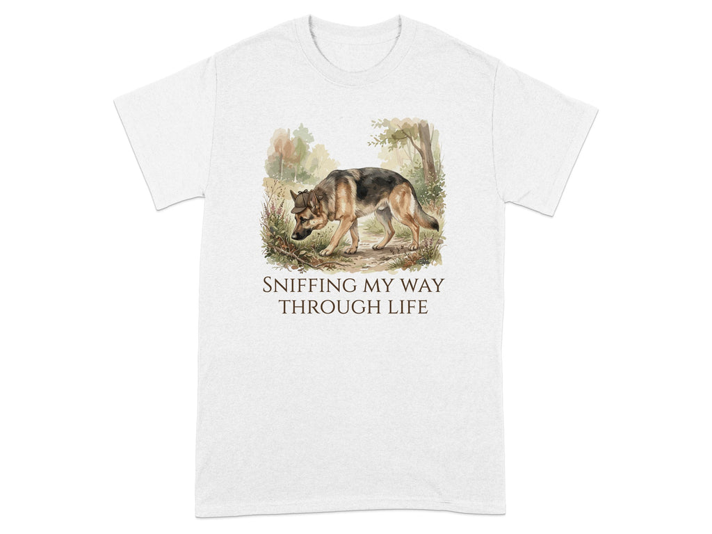 German Shepherd sniffing in a forest with text "Sniffing My Way Through Life".