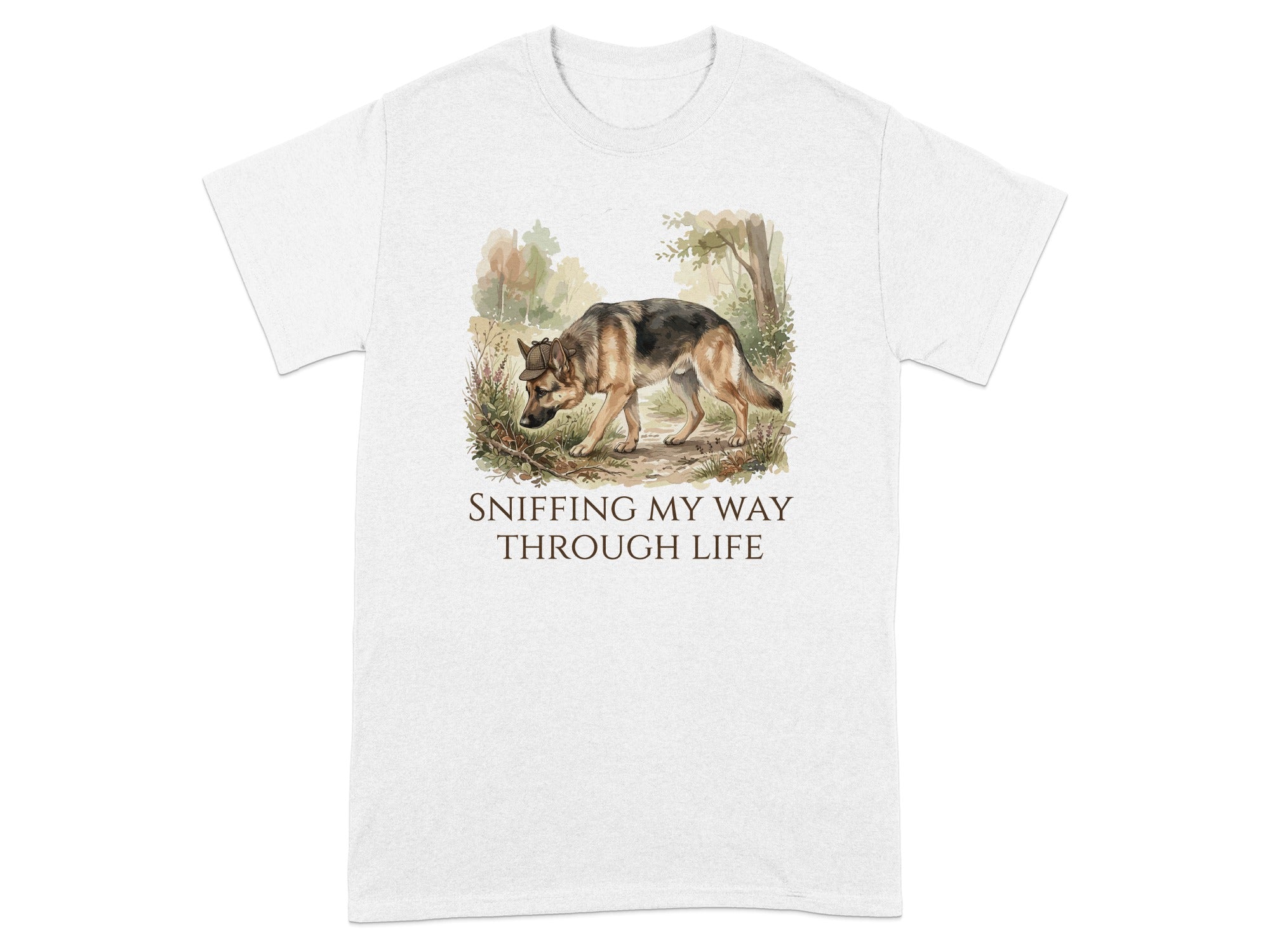 German Shepherd sniffing in a forest with text "Sniffing My Way Through Life".