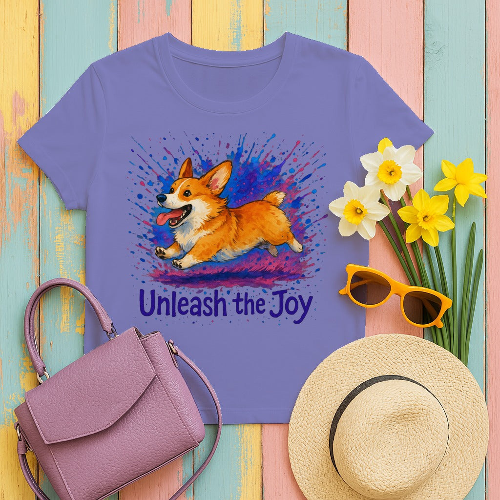 Unleash the Joy Playful Corgi Illustration T-Shirts in Violet
