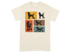 Light cream t-shirt with six square graphics of black poodles on colored backgrounds.