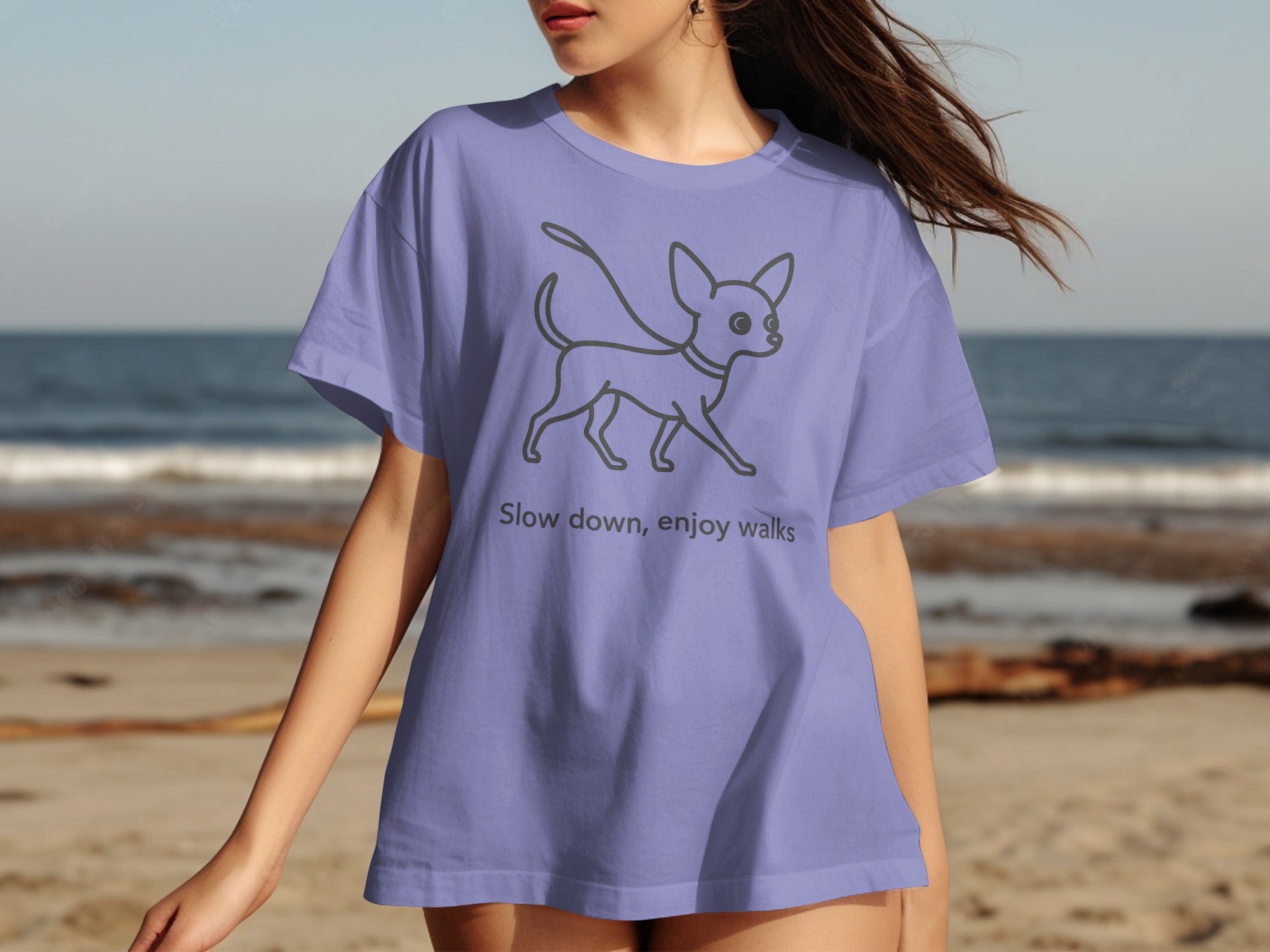 Lavender t-shirt with a grey chihuahua outline and "Slow down, enjoy walks" text.