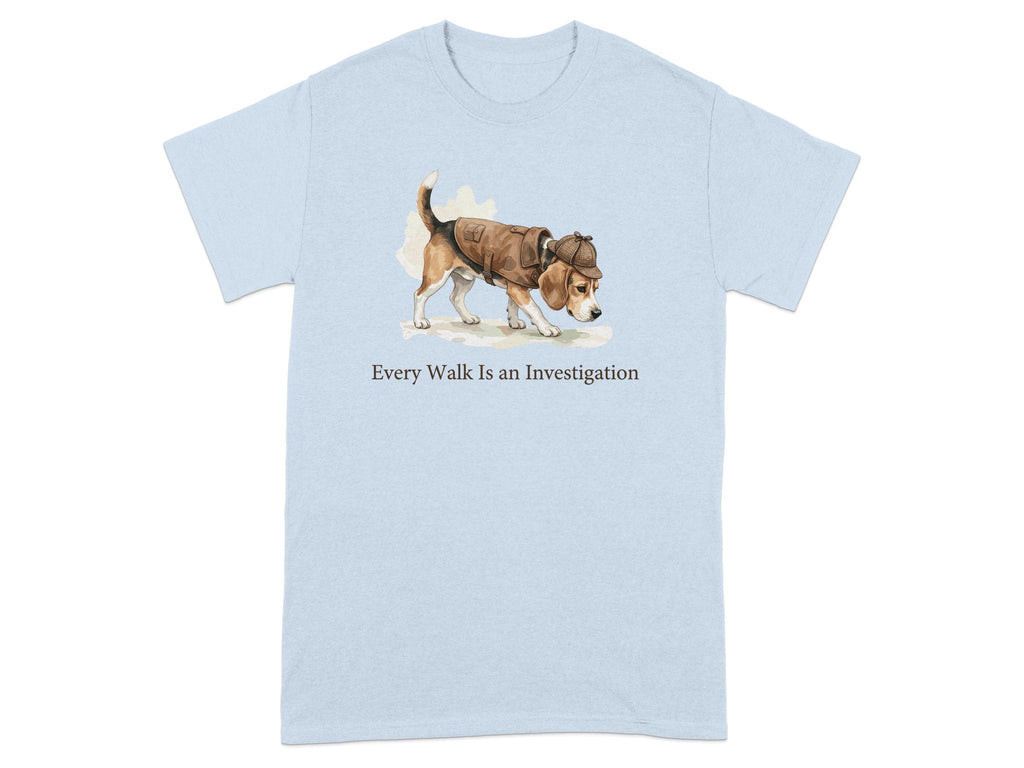 Light blue t-shirt with a beagle in a detective hat and coat investigating.