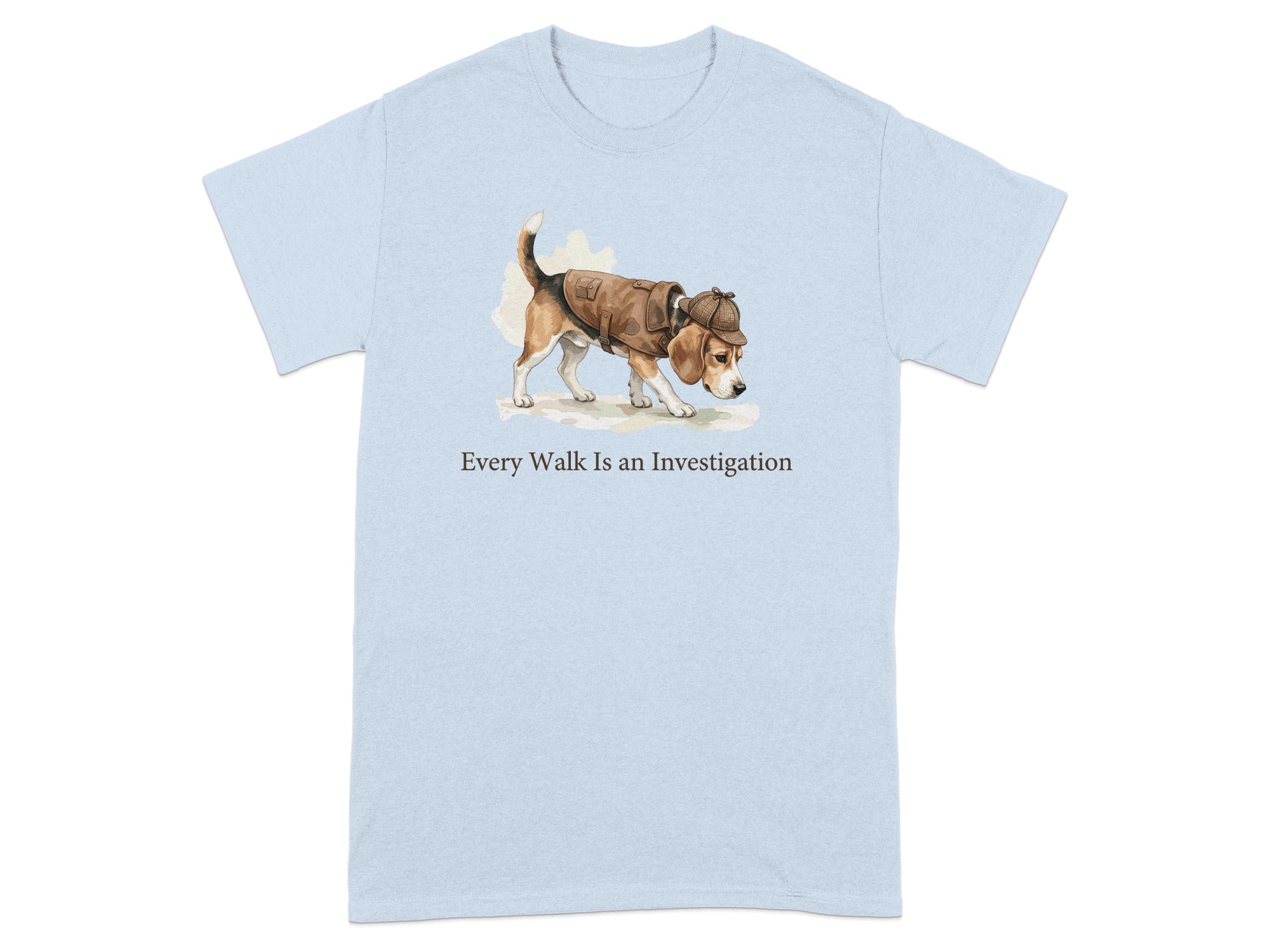 Light blue t-shirt with a beagle in a detective hat and coat investigating.