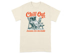 T-shirt graphic: pug in lounge chair with drink, text "Chill Out" and "Zoomies Are Inevitable".