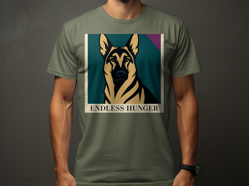 German Shepherd portrait with "ENDLESS HUNGER" text on a khaki t-shirt.