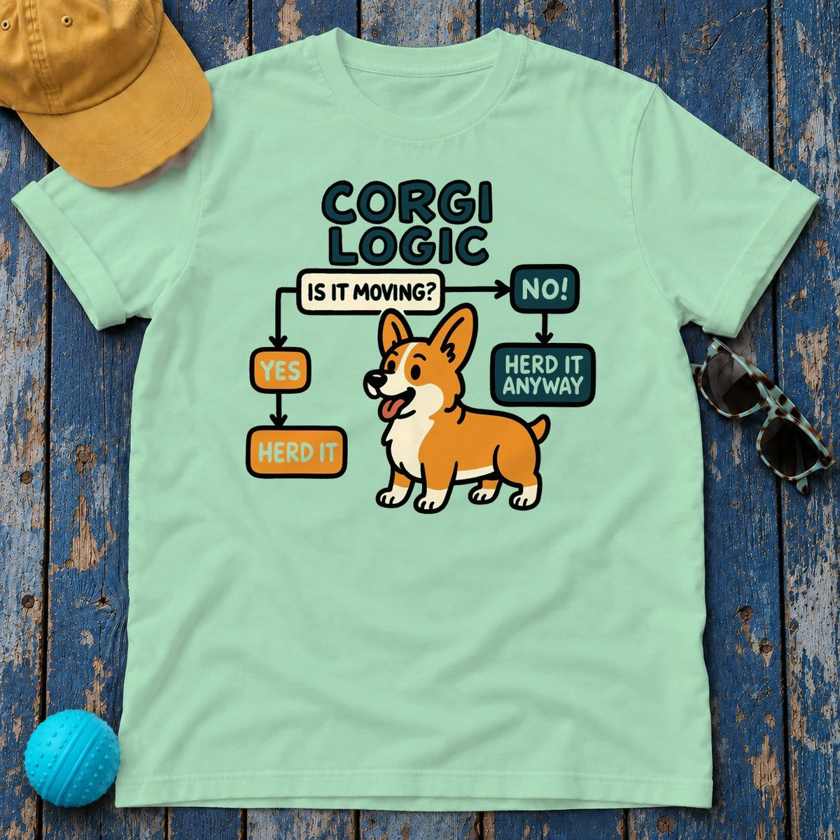Corgi Logic Flowchart | Illustrated T-Shirt in Mint Green