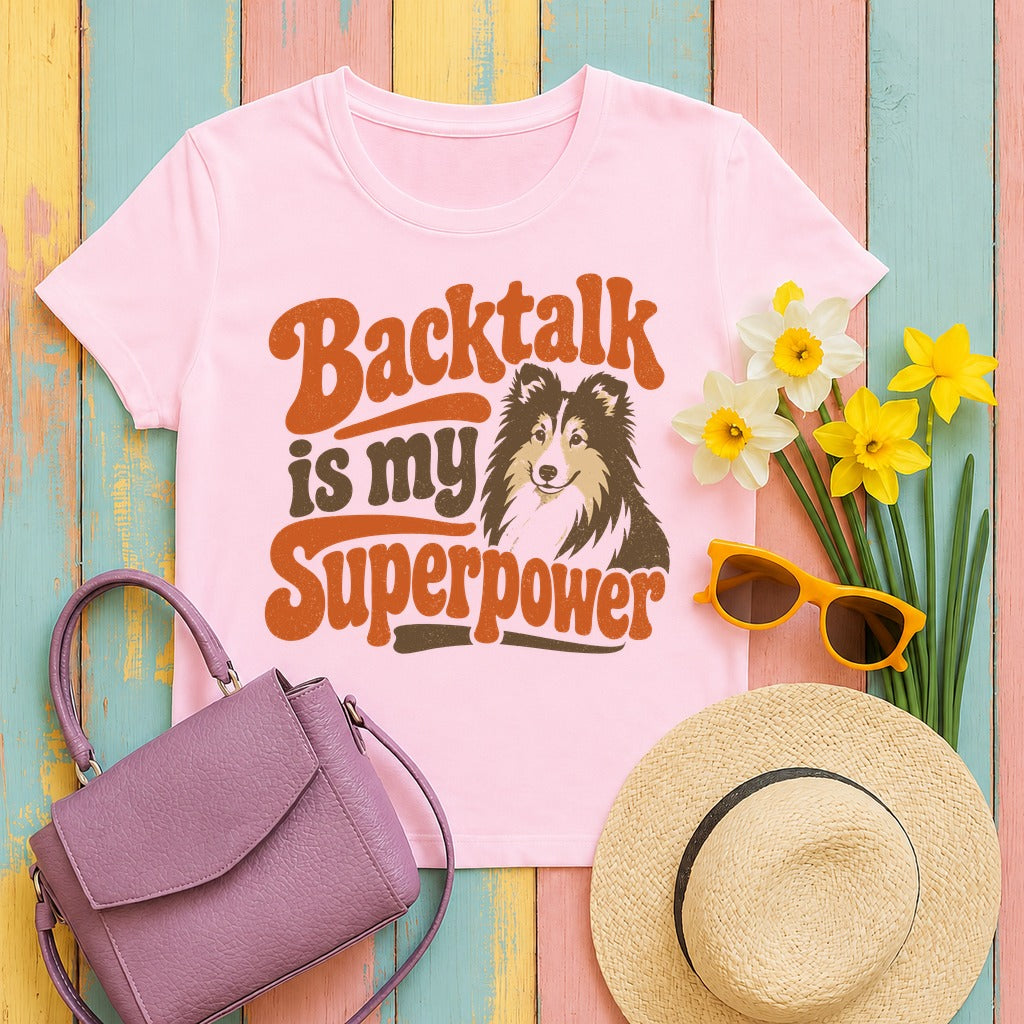 Retro Backtalk Superpower Sheltie T-Shirt in Light Pink