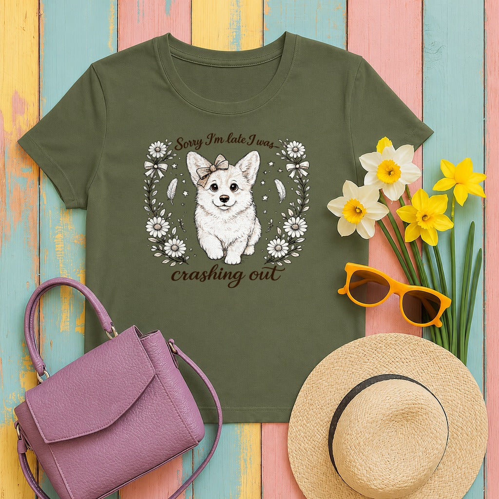 Whimsical Corgi Crashing Out T-Shirt in Military Green