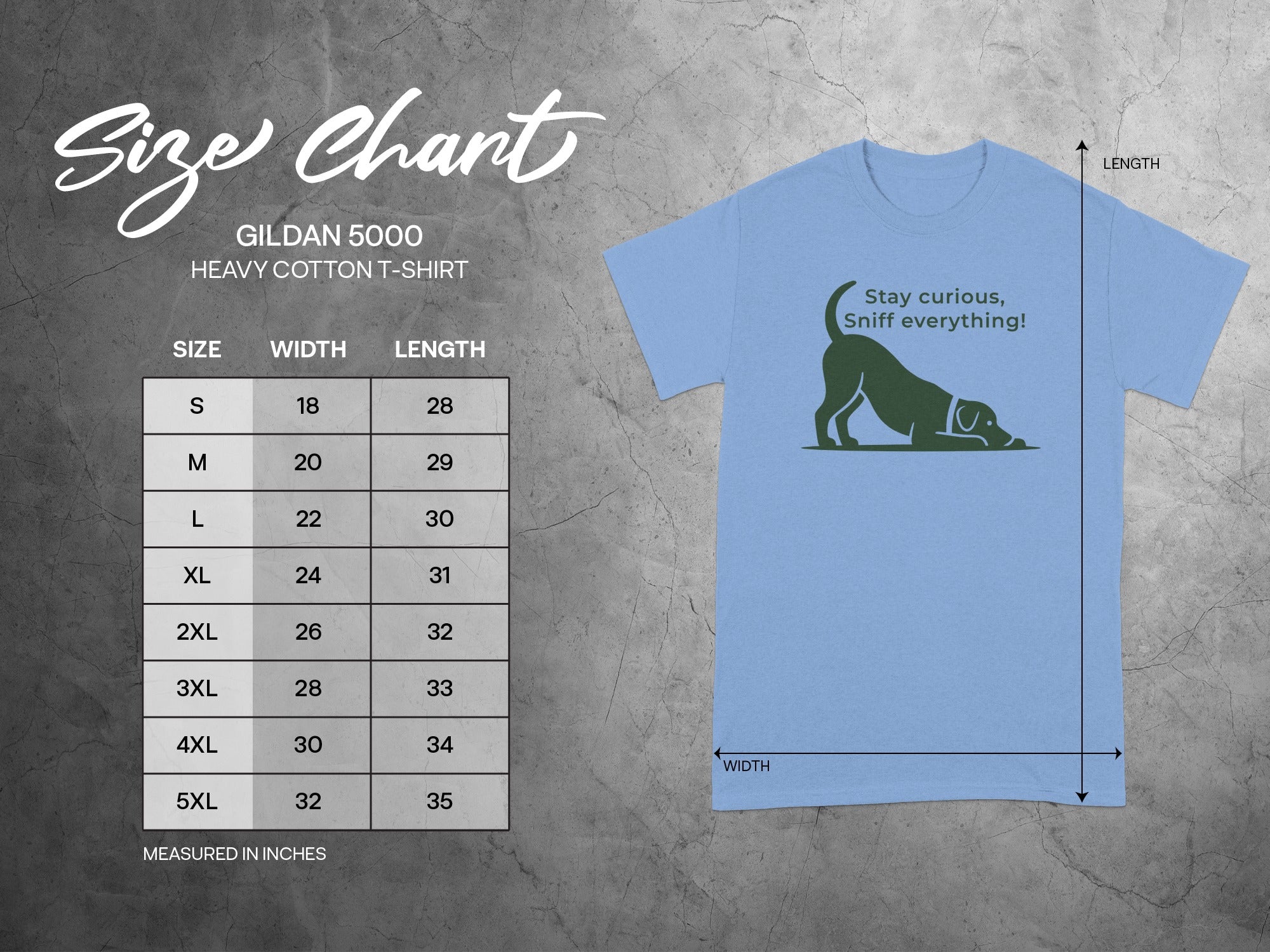 Gildan 5000 Heavy Cotton t-shirt size chart with width and length measurements.
