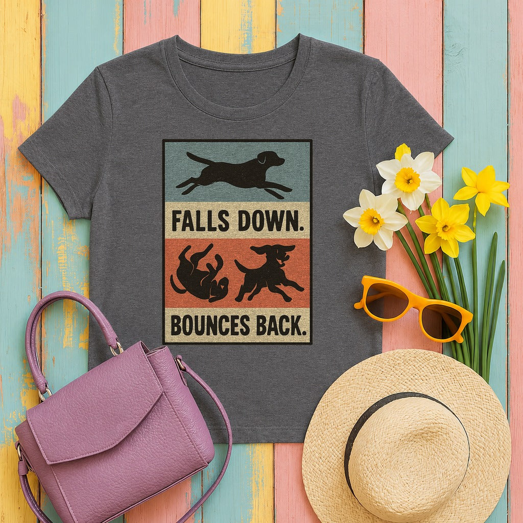 Chocolate Lab Falls Down Bounces Back T-shirt in Dark Grey Heather