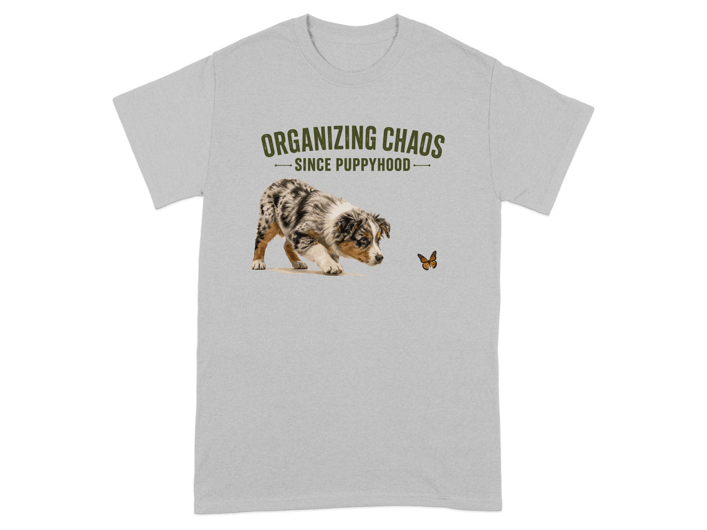 Grey t-shirt with a puppy and butterfly design, text "ORGANIZING CHAOS SINCE PUPPYHOOD".