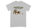 Grey t-shirt with a puppy and butterfly design, text "ORGANIZING CHAOS SINCE PUPPYHOOD".