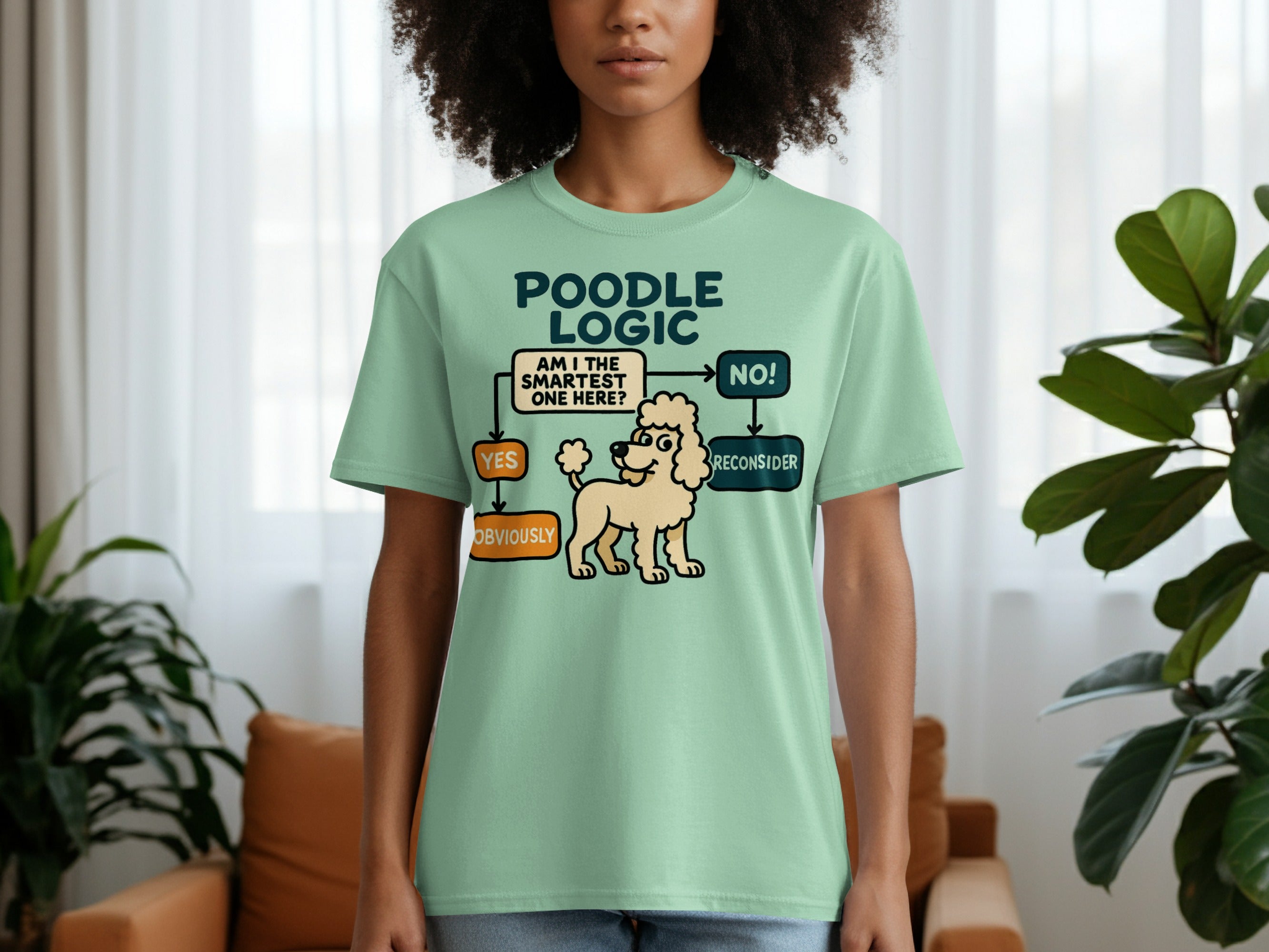 T-shirt with "Poodle Logic" flowchart and a cartoon poodle.