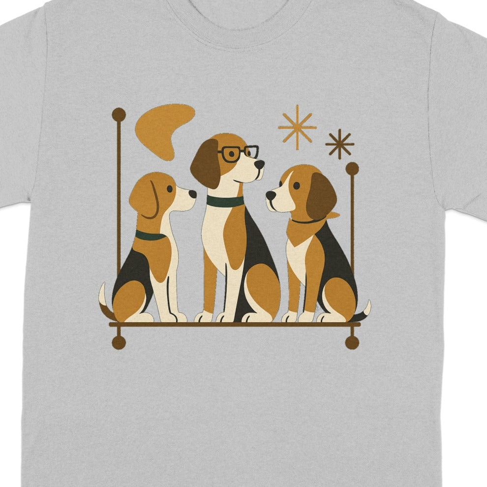 Three beagles sit on a ledge with stylistic shapes and sparkles above.