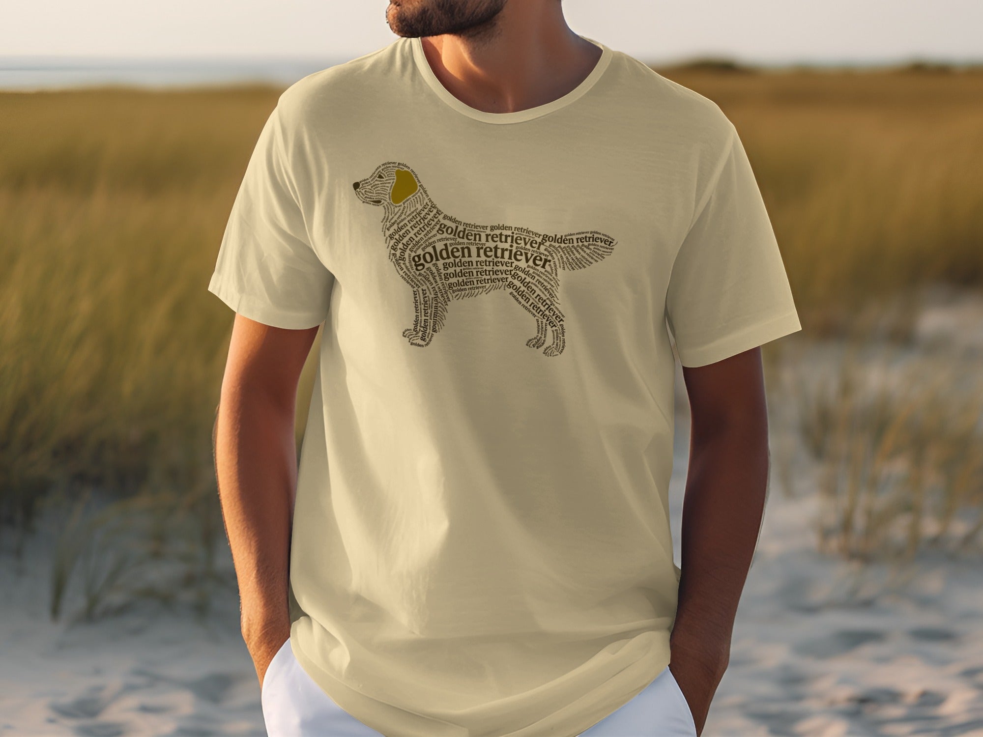 T-shirt with a golden retriever silhouette formed by text.