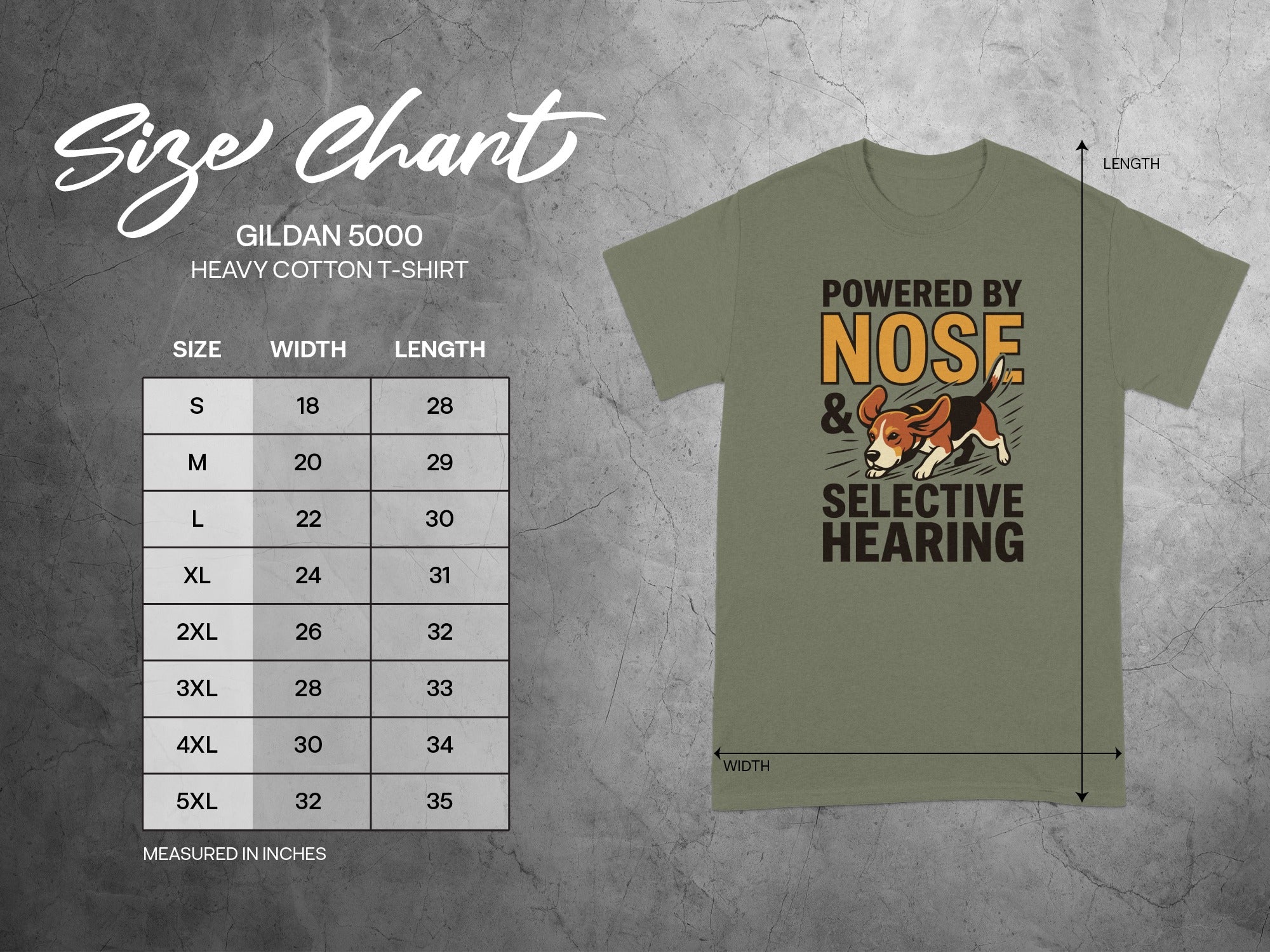 Gildan 5000 heavy cotton t-shirt size chart with measurements in inches.