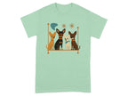 Four dogs sitting on a shelf with geometric accents and a bone.