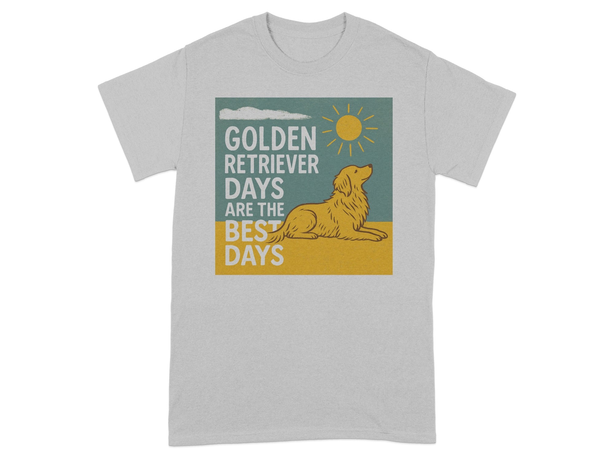 Light grey t-shirt with a graphic that says "Golden Retriever Days Are the Best Days".