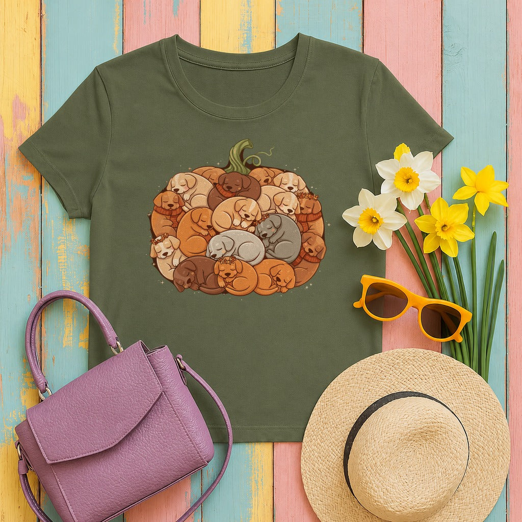 Pumpkin Full of Cute Sleeping Puppies Autumn Vibes T-Shirt in Military Green