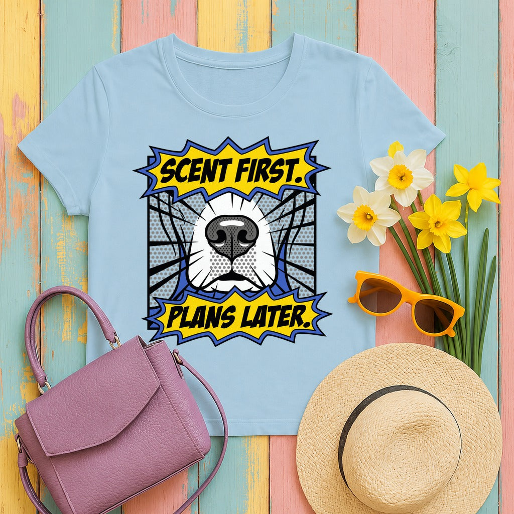 Scent First. Plans Later. Beagle T-Shirt in Light Blue