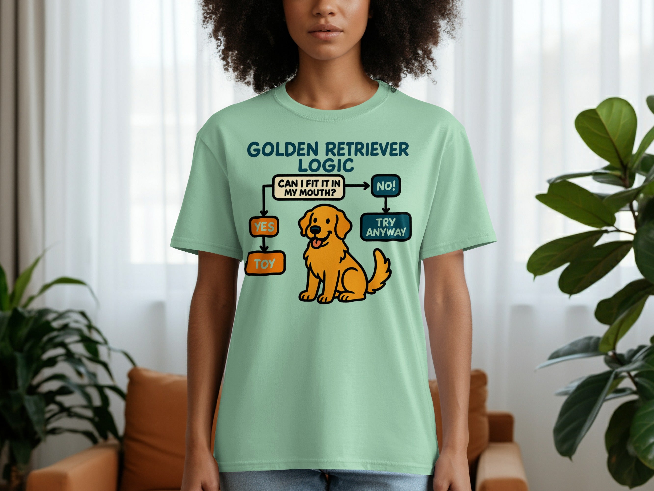 Light green t-shirt with "Golden Retriever Logic" flowchart and cartoon dog.