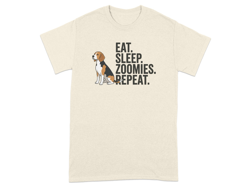 Beagle wearing a bandana on a t-shirt with "Eat. Sleep. Zoomies. Repeat." text.