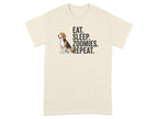 Beagle wearing a bandana on a t-shirt with "Eat. Sleep. Zoomies. Repeat." text.