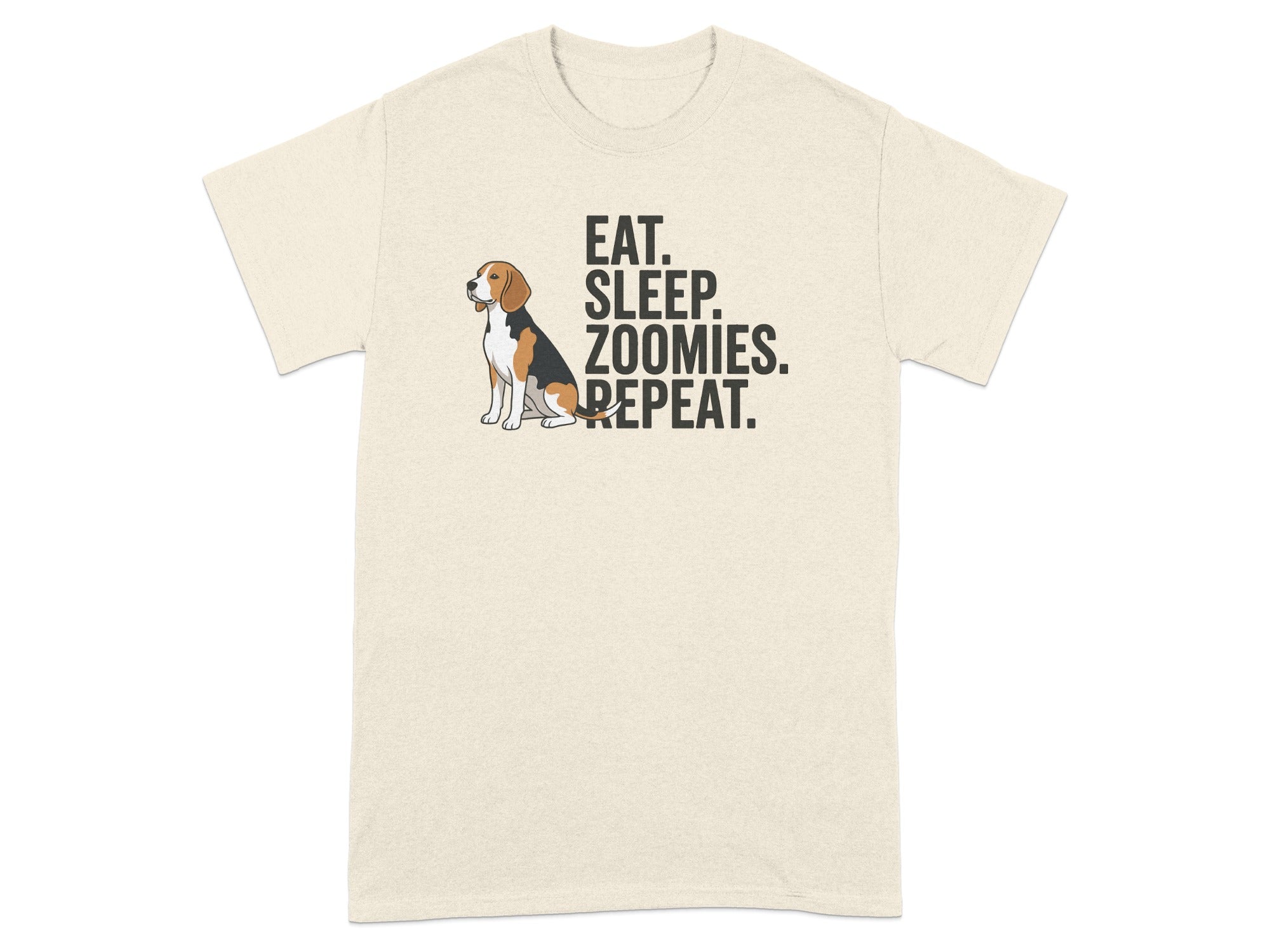 Beagle wearing a bandana on a t-shirt with "Eat. Sleep. Zoomies. Repeat." text.