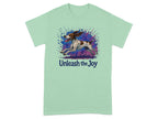Pale green t-shirt with a running spotted dog and "Unleash the Joy" text.