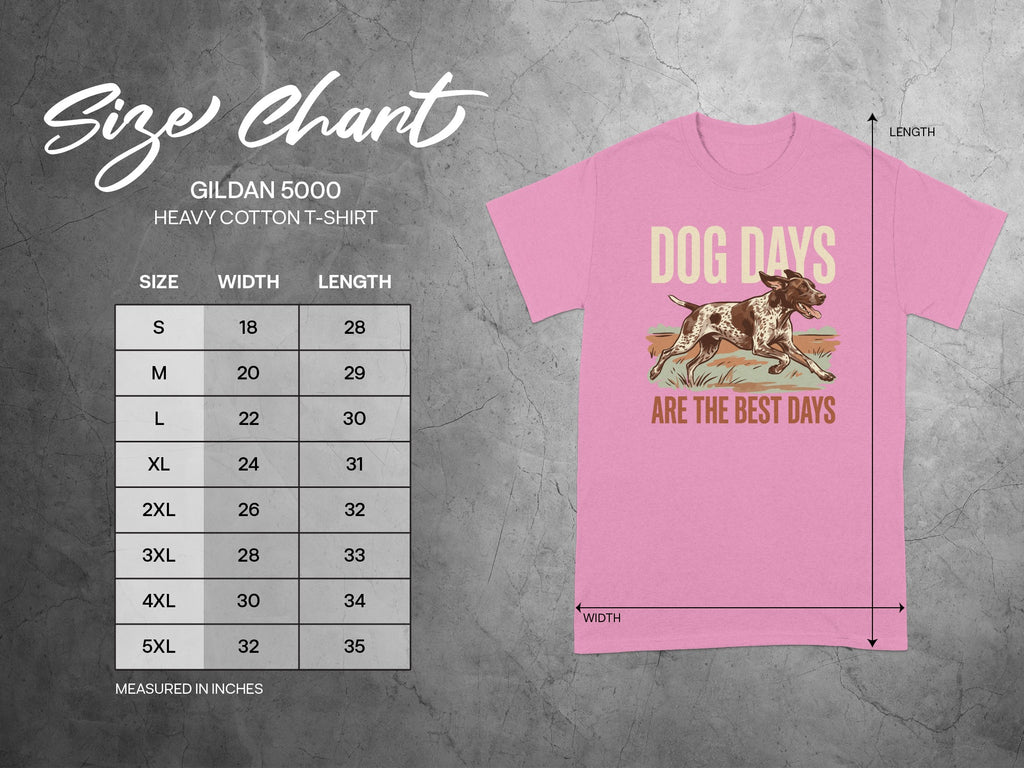 Pink t-shirt with "Dog Days Are The Best Days" graphic and size chart.