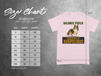Gildan 5000 heavy cotton t-shirt size chart with measurements and graphic.