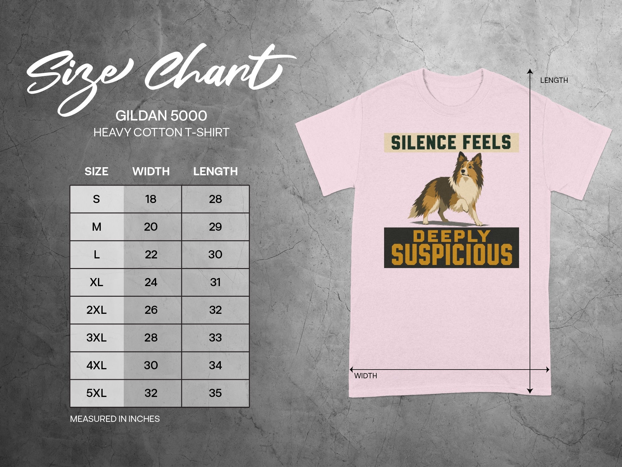 Gildan 5000 heavy cotton t-shirt size chart with measurements and graphic.