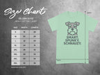 Gildan 5000 Heavy Cotton T-Shirt size chart and "Smart. Spunky. Schnauzy." graphic.