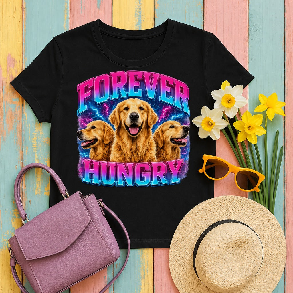 migbackfill forever-hungry-golden-retriever-graphic-t-shirt tee flat lay hero v8