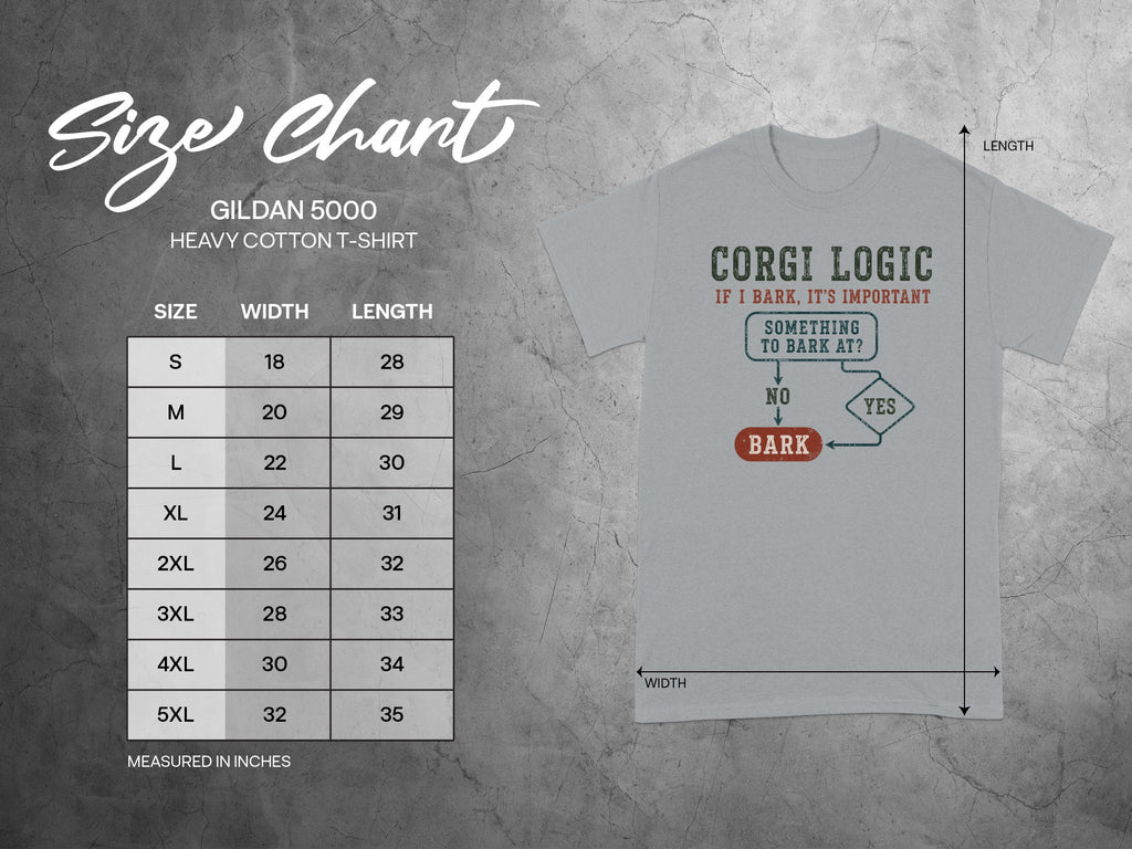 Gildan 5000 size chart with measurements and Corgi Logic shirt graphic.