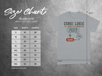 Gildan 5000 size chart with measurements and Corgi Logic shirt graphic.