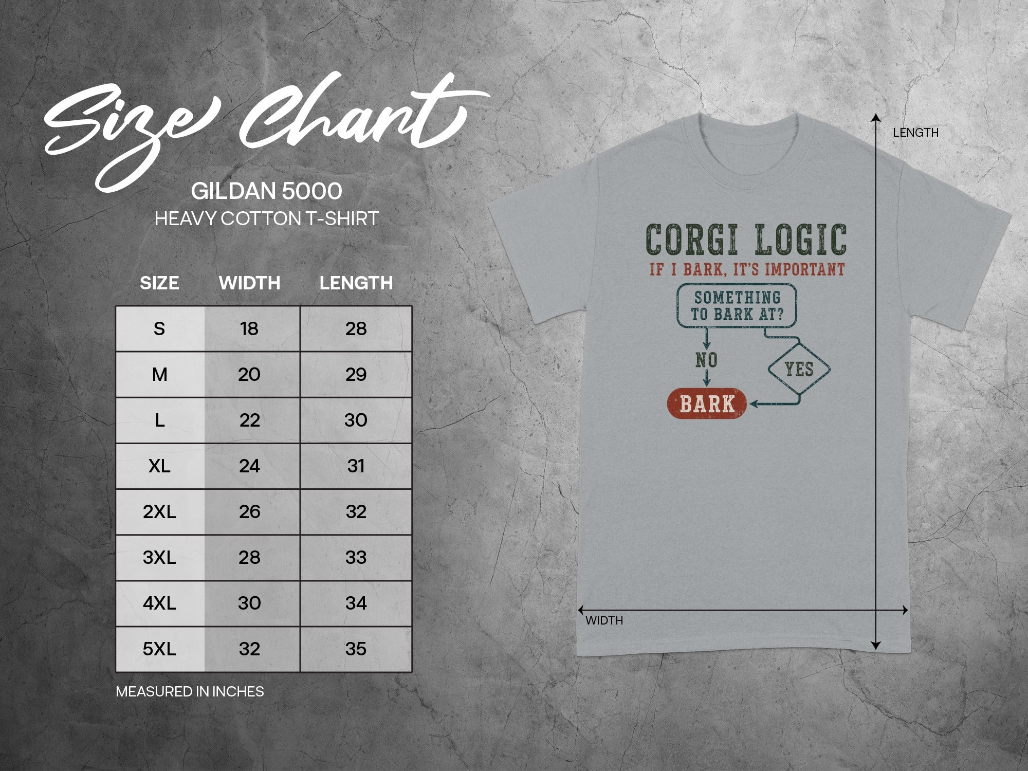 Gildan 5000 size chart with measurements and Corgi Logic shirt graphic.