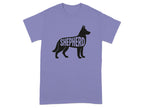 Lavender t-shirt with a black silhouette of a German Shepherd dog containing the word "SHEPHERD".