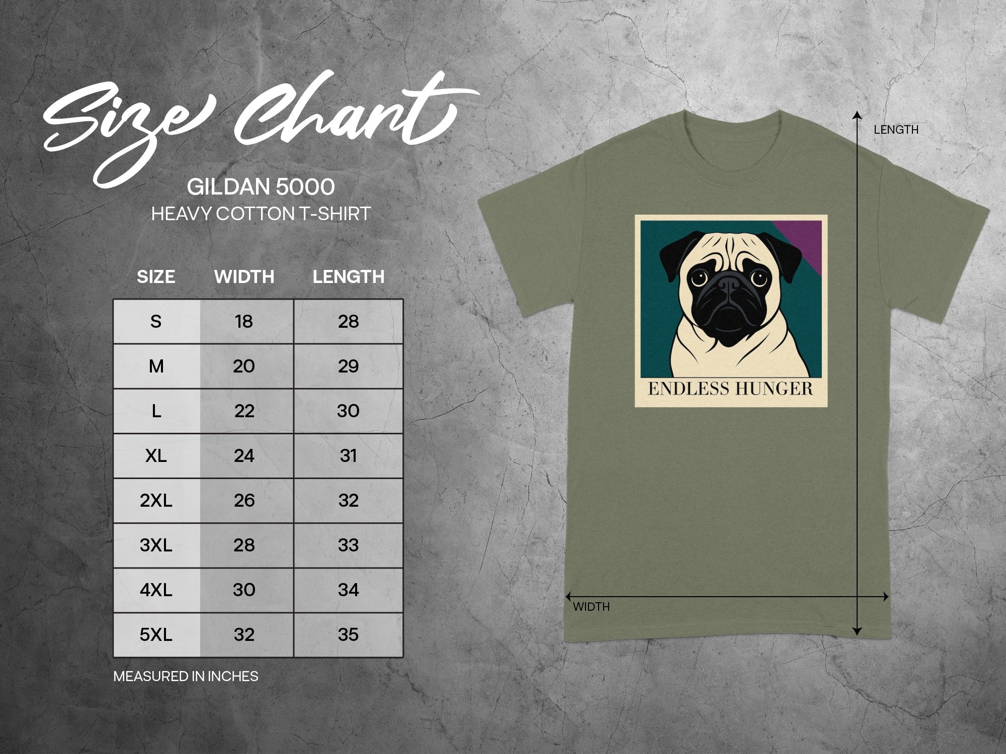 Size chart for Gildan 5000 heavy cotton t-shirt with pug design.