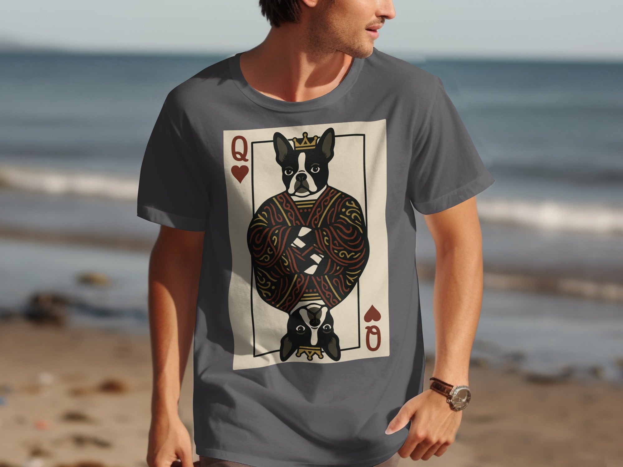 Grey t-shirt with Queen of Hearts card featuring a Boston Terrier on a beach.