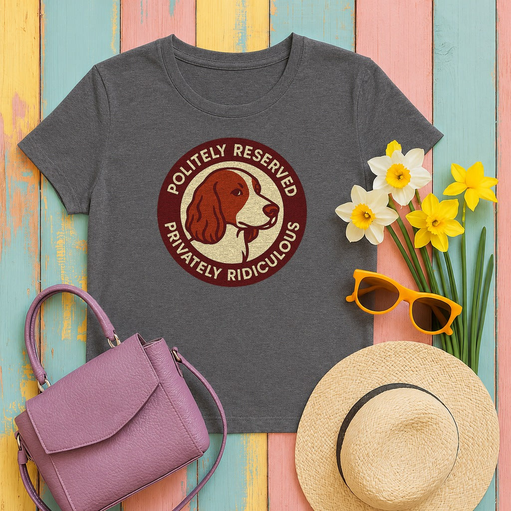 Welsh Springer Spaniel Politely Reserved Badge T-shirt in Dark Grey Heather